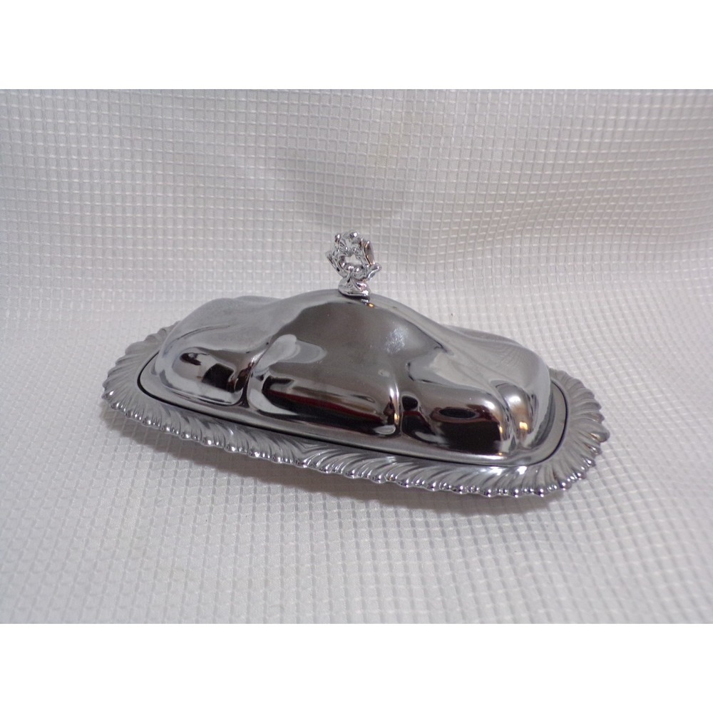 Vintage Shelton-Ware Chrome Plated Butter‎ Dish with Glass Insert Tray Dome Lid
